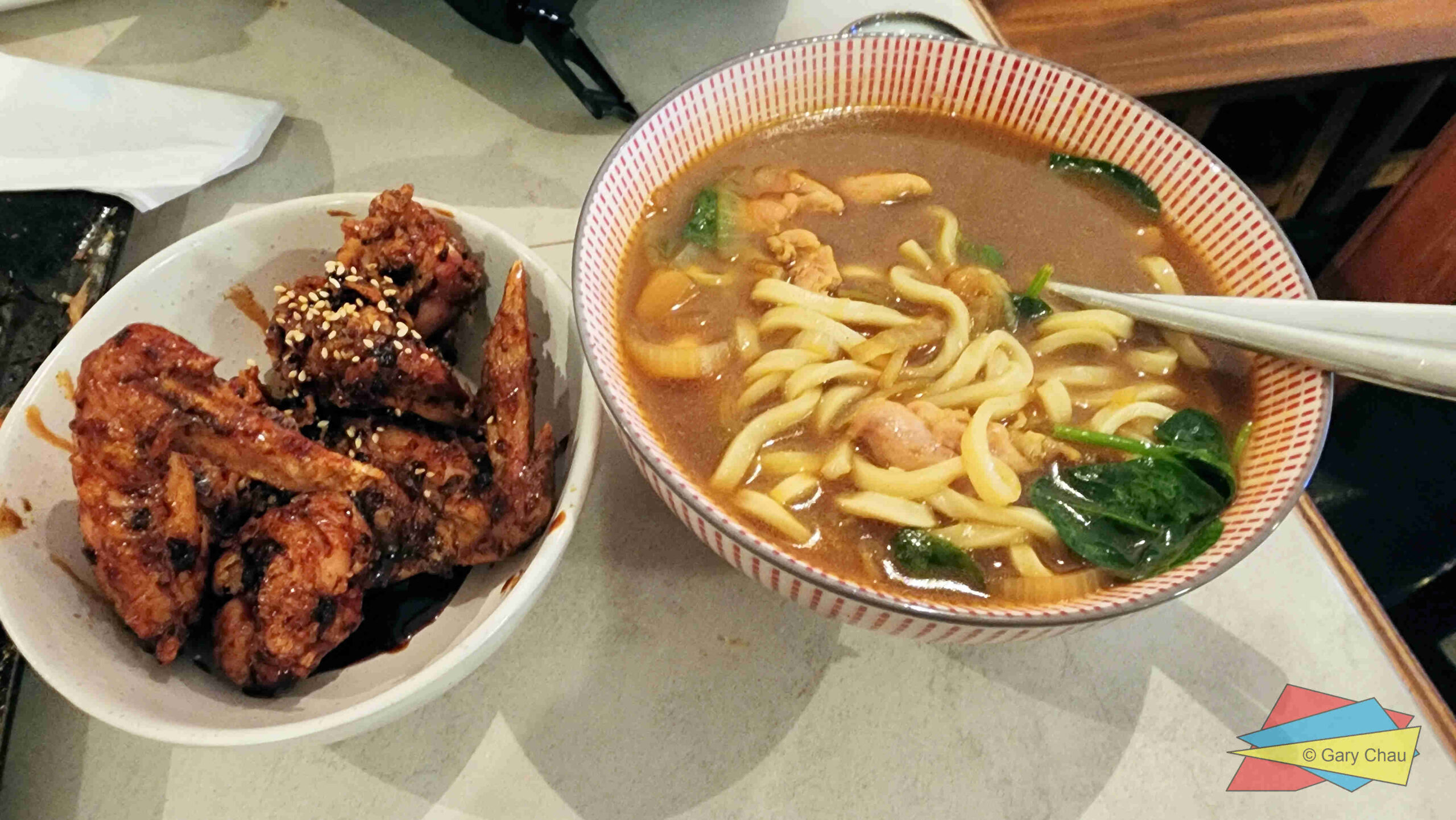 Chicken Tebasaki (fried chicken wings) in sweet soy sauce and Curry Udon